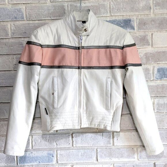 Jackets & Blazers - Leather jacket Jamin white with pink and silver stripe removable lining XS